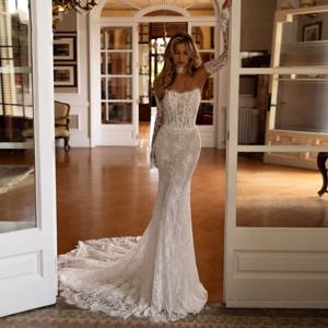플라빈케 맞춤형 머메이드 우아한 웨딩드레스 스트랩리스 롱 슬리브 베스티도 데 노비아 레이스 자수 브라이덜 가운