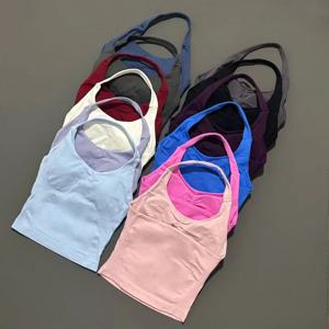 여성용 심리스 요가 탱크탑 롱라인 스트랩 탑 오픈백 브라 스포츠웨어 짐 의류 러닝 운동 홀터탑