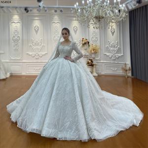 맞춤형 고급 스퀘어넥 비즈 진주 자수 반짝이는 여성 웨딩드레스 채플 기장 브라이덜 가운 베스티도 데 노비아