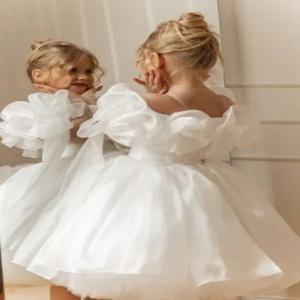 결혼식을위한 요정 꽃 소녀 드레스 무릎 길이 오간자 친교 드레스 소녀 생일 파티 볼 가운