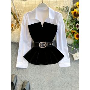 2025 여성 플러스 사이즈 컬러 블록 레이어드 셔츠: 투톤 블라우스 디자인 & 벨트 없는 편안함으로 모던하고 전문적인 스타일을 연출합니다(벨트 없음)