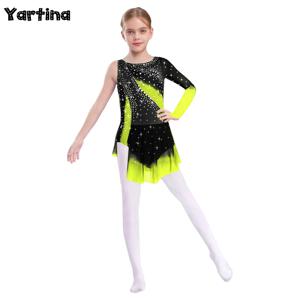 어린이 소녀 반짝이는 라인스톤 체조 발레 져지 레오타드 예술 피겨 스케이팅 드레스 리리컬 댄스 공연 의상
