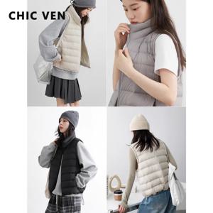 CHIC VEN 신상 여성 다운 코트 민소매 경량 90% 화이트 덕 다운 스탠드업 칼라 여성 다운 베스트 가을 겨울 2025