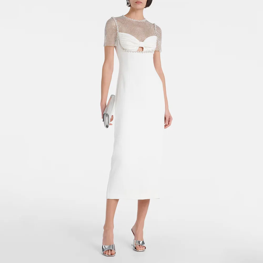 아이보리 여성 이브닝 가운 티 길이 댄스 파티 드레스 짧은 소매 글리터 비즈 공식 파티 드레스 시스 사우디 드레스