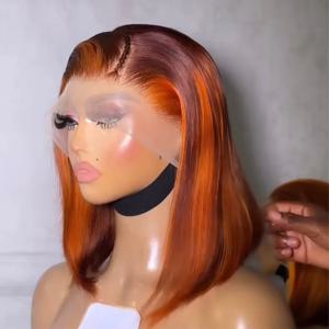13x4 스트레이트 레이스 프론트 밥 가발 100% 인모 가발 진저 오렌지 실키 200% 밀도 하이라이트 오렌지 컬러 P4-350 프리 플러킹 처리됨
