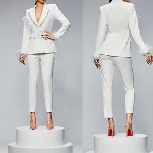 여성 정장 정장 드레스 가운 우아한 비즈 아플리케 깃털 재킷 코트와 바지 여성용 2피스 정장 맞춤형