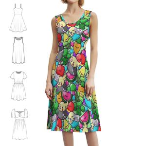 새와 과일과 채소 프레피 스타일 미니 드레스 여성용 A라인 루즈핏 캐주얼 데이 드레스 새 패턴 귀여운 치비 컬러풀