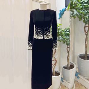 맞춤형 고품질 정장 이브닝 드레스 O넥 스트레이트 미디 드레스 우아한 파티 웨딩 글리터 드레스