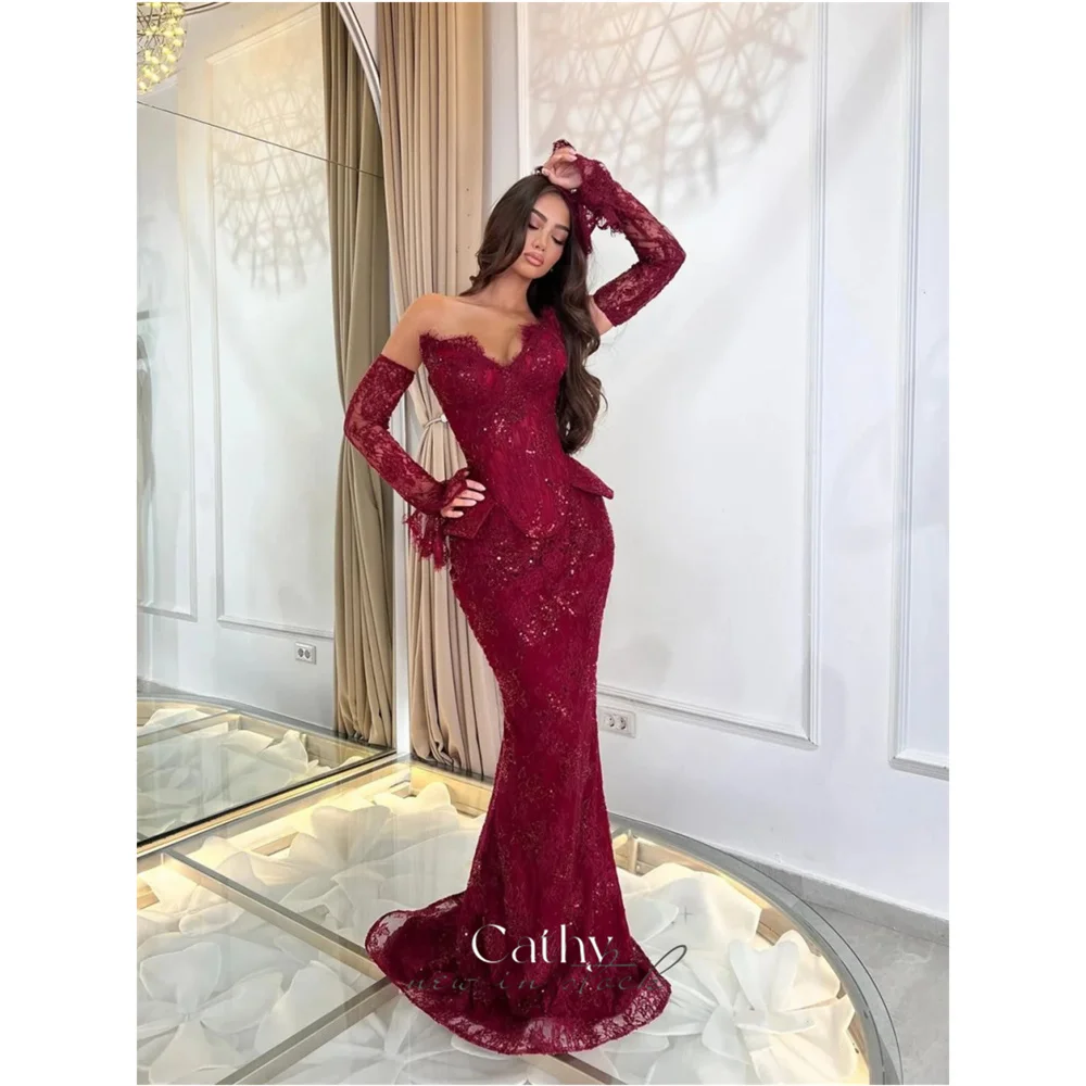 캐시 맞춤형 버건디 샤이니 레이스 머메이드 프롬 드레스 탈부착 가능한 긴 소매 웨딩드레스 플로어 길이 이브닝 드레스