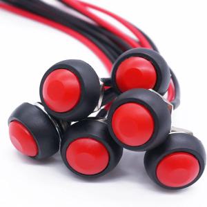 6개 12mm 순간 푸시 버튼 스위치 1/2인치 장착 구멍 온/오프 미니 원형 방수 블랙/레드 프리솔더드 와이어 포함