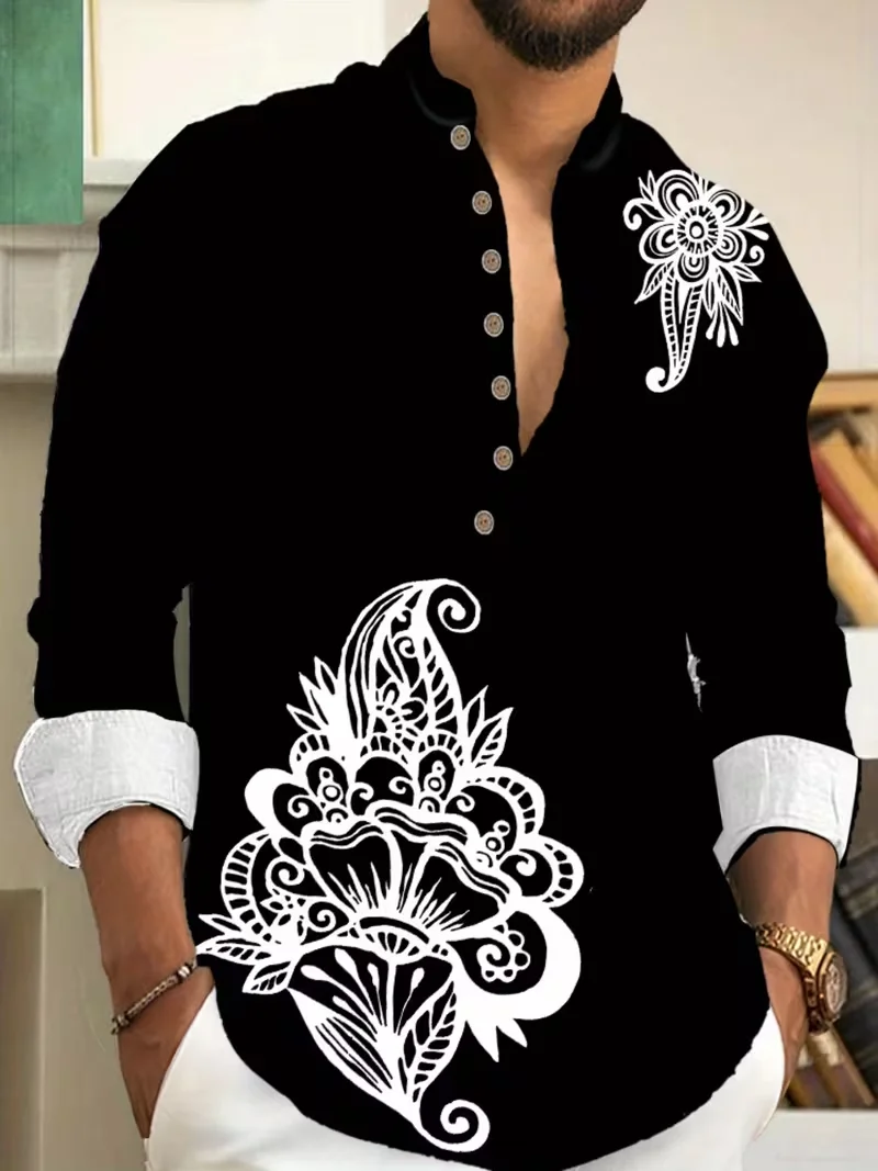 새로운 남성 캐주얼 헨리 칼라 린넨 셔츠, 에스닉 플라워 프린트 남성 셔츠, 고품질 상의, 데일리 탑으로 적합