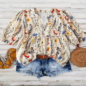 여성용 플로럴 프린트 버블 슬리브 캐주얼 휴가용 7/8 길이 셔츠 우아한 여성스러운 여름 상의