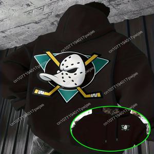 남성용 트렌디 스트리트 스타일 후드 스웨트셔츠 (하키 마스크 및 스틱 프린트 포함) |   캐주얼, 루즈핏, 약간의 신축성 있는 원단, 이상적인 선택