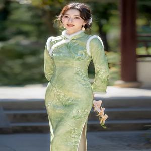 두꺼운 양털 겨울 긴팔 중국풍 치파오 여성용 빈티지 신상 그린 컬러 2025 신상 겨울 패션