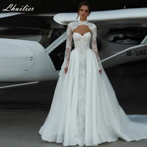 루이리에 맞춤형 A라인 스트랩리스 레이스 웨딩드레스, 탈부착 가능한 레이스 재킷이 있는 일루전 브라이덜 가운