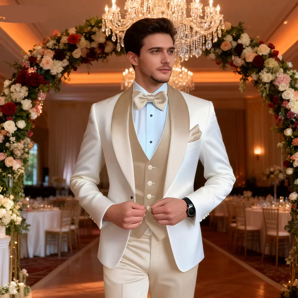 솔리드 컬러 슬림핏 남성 턱시도 3피스 세트 패션 비즈니스 웨딩 수트 (숄 라펠 블레이저, 조끼, 바지 포함) 신랑 파티용