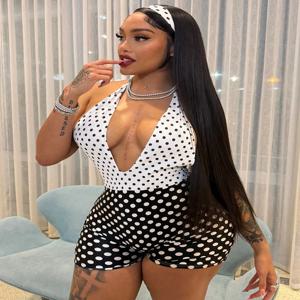 시스터린다 시크 백리스 홀터 플레이수트 여성용 물방울 무늬 프린트 패치워크 스키니 2026 여름 스트리트 섹시 스키니 스트레치 롬퍼