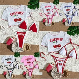 2026 신상 프린트 탑 메쉬 블라우스 스플릿 섹시 쓰리피스 비키니 수영복 여성용