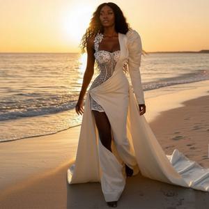 모던 맞춤형 아이보리 새틴 머메이드 웨딩드레스 스위트하트 비딩 웨딩 가운 신부용 플로어 길이 슬릿 브라이덜 가운