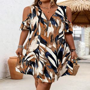 우아한 브이넥 지퍼 민소매 큰 사이즈 여름 원피스 여성 캐주얼 루즈 플로럴 프린트 원피스 여성 여름 원피스