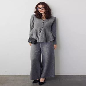 여성 V넥 오픈 가디건 스웨터 하이웨이스트 와이드 레그 팬츠 니트 롱 팬츠 투피스 세트 트렌디한 가을 겨울 슬리밍