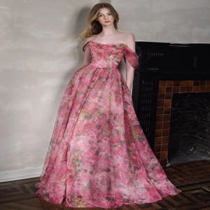 드리미 원숄더 이브닝 가운 프린세스 스타일 웨딩드레스 플로럴 프린트 하이웨이스트 A라인 스커트 롱 슬리브리스 여성 패션