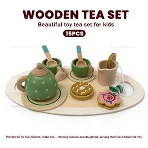 소녀용 나무 티 세트, 3-5세 여아 및 남아용 놀이용 주방 액세서리, 차 시간 파티 장난감