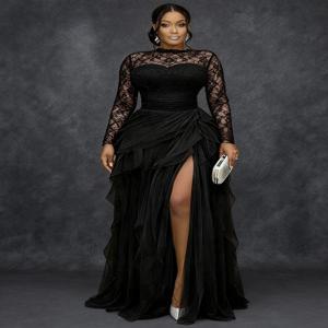 우아한 레이스 메쉬 포멀 이브닝 드레스 여성 플러스 사이즈 스플라이스 홀로우 아웃 스플릿 헴 레이어 하이 웨이스트 칵테일 우아한 드레스