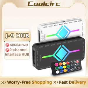 Coolcirc ARGB 섀시 팬 컨트롤러 1 ~ 9 포트 분배기 ARGB 및 PWM 냉각 팬 허브 SATA, PC 케이스용 원격 제어로 구동