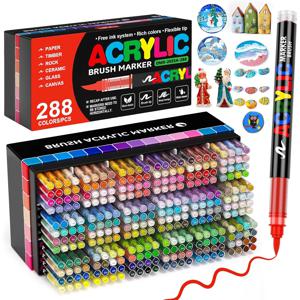 12-288색 유연한 브러시 아크릴 마커 세트 (돌, 나무, 캔버스, 유리, 돌 DIY 공예, 그림, 미술 용품)