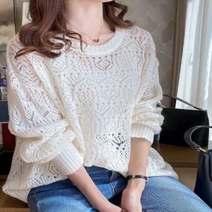 레이스 니트 긴팔 라운드넥 얇은 여름 봄 루즈핏 여성 스웨터 포켓 스카프 캐주얼 편안한 상의