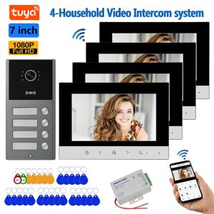 HD 투야 와이파이 비디오 도어벨 4선식 7인치 비디오 도어폰 인터콤 시스템 앱 RFID 잠금해제 기능 탑재, 2/3/4세대 아파트/주택용