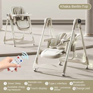 아기용 전동 하이체어 로커, 스마트 진정 다기능 시트, 접이식, 리클라이닝, 흔들림 기능, 트레이, 바퀴, 코튼 패드 포함