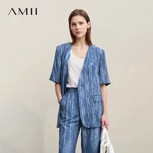Amii 여성용 블레이저 2026 여름 신작 통근용 V 넥 반팔 싱글 버튼 여성용 재킷 루즈 숄더 패딩 탑 12621092