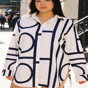 2025 여름 플러스 사이즈 하이 슬릿 플래드 버튼다운 셔츠, 여성용 캐주얼 긴팔 블라우스 Y2K 비치 커버업 탑