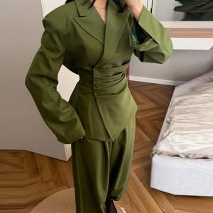 여성용 올리브 그린 투피스 세트 시크 패딩 숄더 허리 조절 블레이저 하이웨이스트 조거 팬츠 스트리트웨어 오피스룩