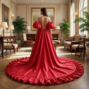 레드 벨벳 케이프 드레스, 퍼프 소매, 롱 트레인, 우아한 V-백 이브닝 가운, 웨딩 파티용, 맞춤 제작, 컬러 에버 프리티