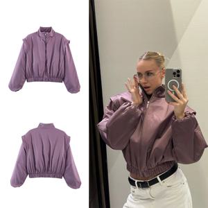 SLTNX 패션 새틴 봄버 재킷 여성용 마우브 퍼프 소매 크롭 지퍼업 캐주얼 아우터웨어 2026 봄 여성 시크 스트리트 코트 신상품