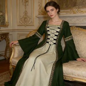 고딕 레트로 롱 드레스 스퀘어 칼라 플레어 롱 슬리브 레이스업 디자인 여성 패션 드레스 슬림 실루엣 롱 드레스