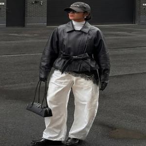 HH 빈티지 여성 블랙 인조 PU 가죽 벨트 재킷 봄 가을 여성 긴팔 라펠 지퍼 레이스업 하이 스트리트 코트