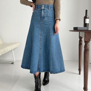 여자 사계절 플레어 투버튼 a라인 절개 데님 롱 스커트 간절기 봄 여름 가을 겨울 청치마