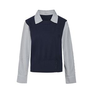 [정가119000원]밑단추 포인트 스트라이프 셔츠 레이어드 니트