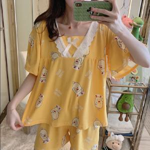 여성 삐약이 2컬러 택1 프릴 반팔 잠옷 파자마 세트 홈웨어 빅사