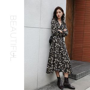 플라워 패턴 A라인 긴팔 롱 원피스 봄 가을 쉬폰 가을원피스 롱원피스 프린트원피스 쉬폰원피스