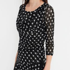 도트 카울넥 블라우스 라인댄스 상의 스포츠 댄스복 칠부 모던 밸리 사교 차밍 줌바