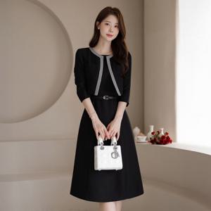 (~XXL까지) 아벨시 크롭 자켓 레이어드 벨트 원피스 가을 하객룩 오피스룩 모임룩 격식룩 빅사이즈