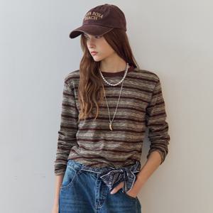 스트라이프 패턴 라운드 헴라인 슬럽 티셔츠