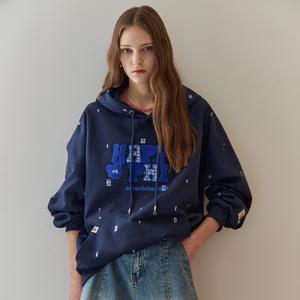 체크 믹스 부클 레터링 루즈핏 후드 티셔츠