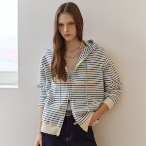 스트라이프 니트 후드 집업