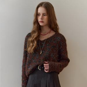 스팽글 믹스 레오파드 브이넥 니트